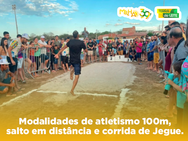 Modalidades de atletismo 100m, salto em distância e corrida de Jegue.